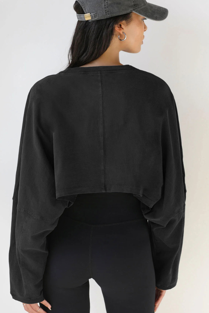 Women's Fall Cropped Drop Shoulder Relaxed Long Sleeve Top