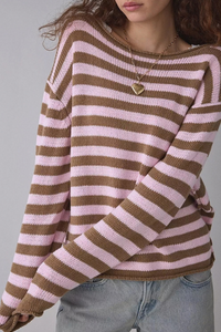 Women's Fall Crew Neck Striped Thin Lazy Knit Sweater
