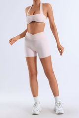 Women's Halter Neck Ruched Front Bra & V-Waist Shorts Yoga Set