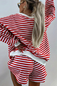 Women's Fall Striped V-Neck Sweatshirts And Shorts Set