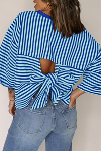 Women's Striped Round Neck Back Tie Blouse Loose T-shirt