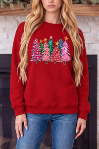Women's Christmas Colorful Tree Print Crew Neck Sweatshirt