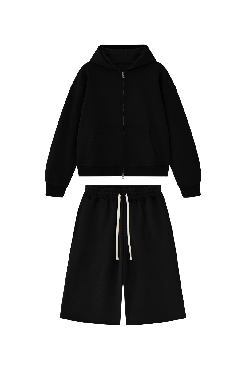 Men's 100% Cotton Loungewear Sets:Hooded Jacket &Mid Shorts