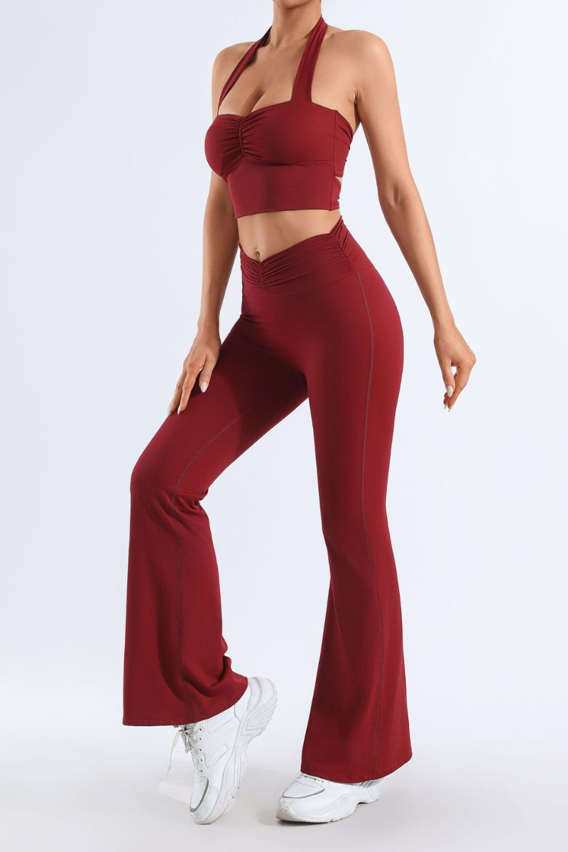 Women's Pleated Halter Neck Bra & Flared Pants Yoga Set