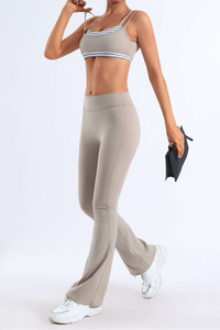 Women's Bare Feel Striped Color Block Bra & Flared Pants Yoga Set