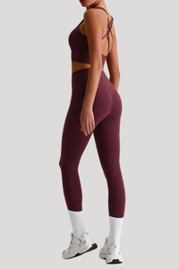 Women Naked Feel Cross Back Yoga Set: High Waisted Seamless Tummy Control Leggings + Crisscross Sports Bra