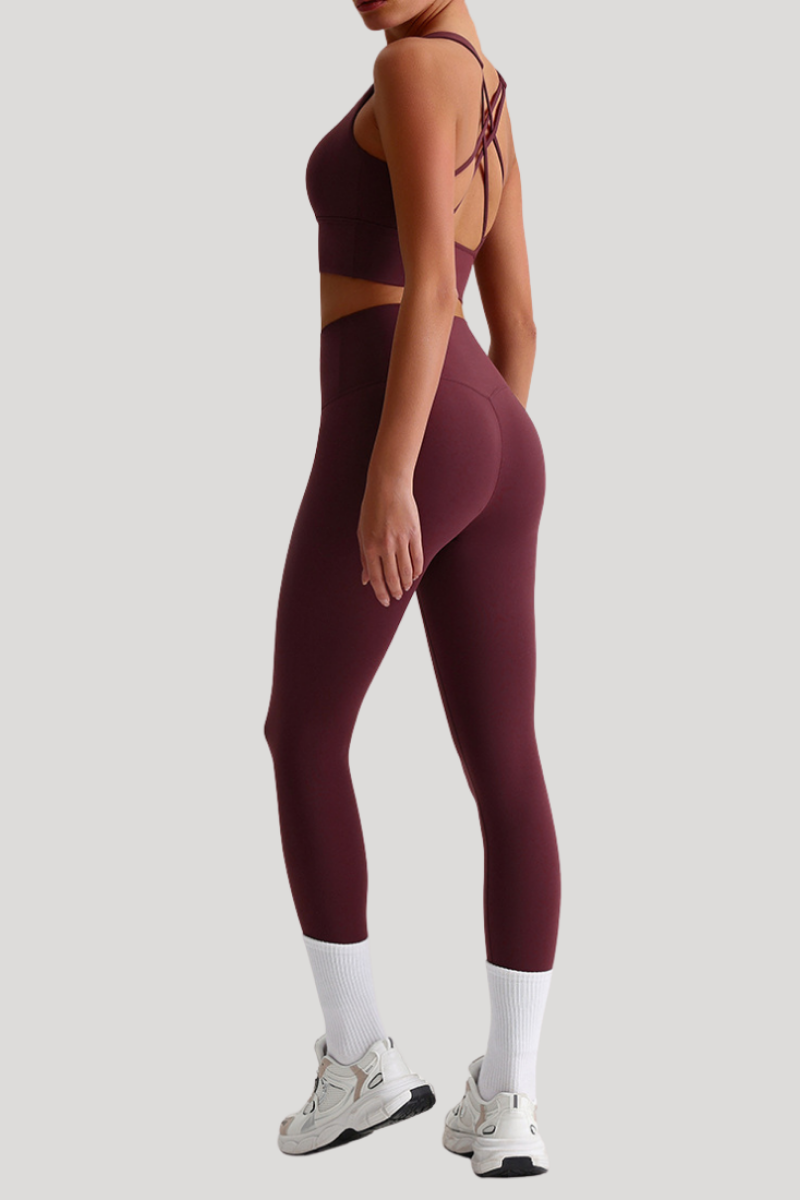 Women Naked Feel Cross Back Yoga Set: High Waisted Seamless Tummy Control Leggings + Crisscross Sports Bra