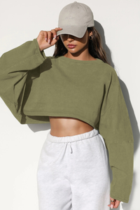 Women's Fall Cropped Drop Shoulder Relaxed Long Sleeve Top