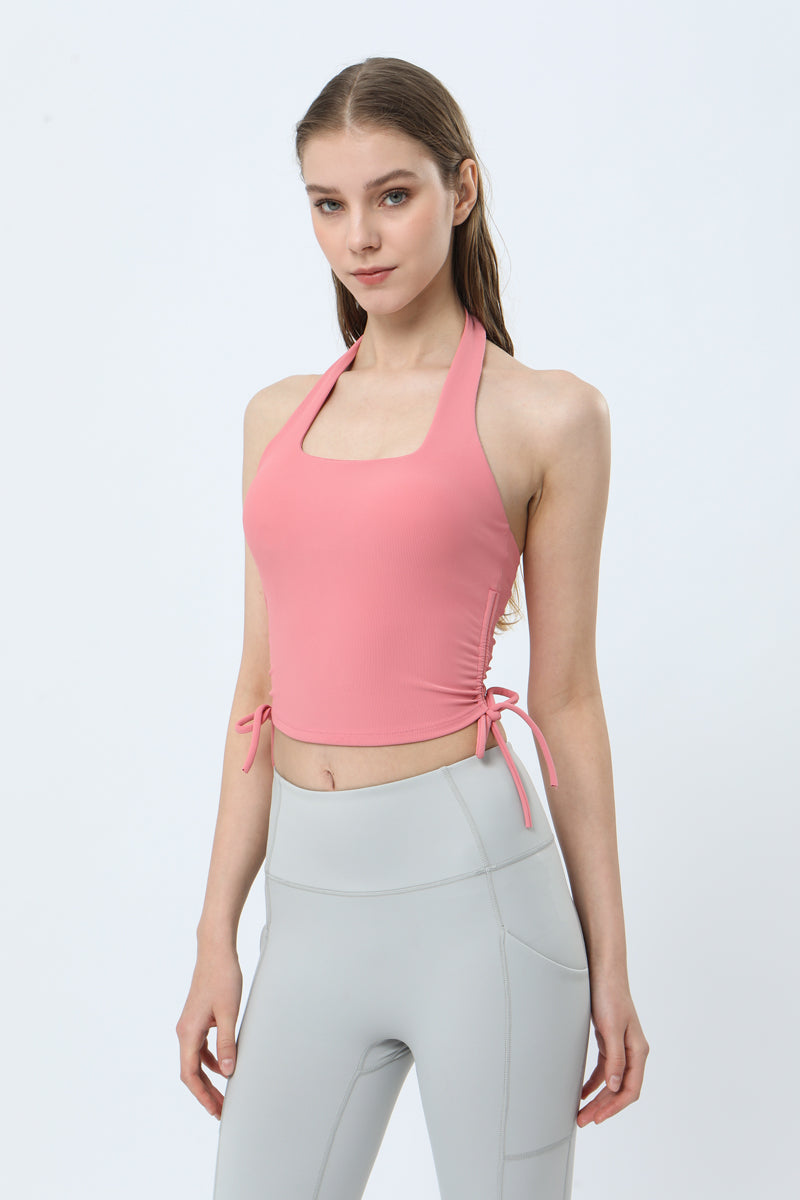 Ribbed Waist Drawstring Backless Halter Sports Vest