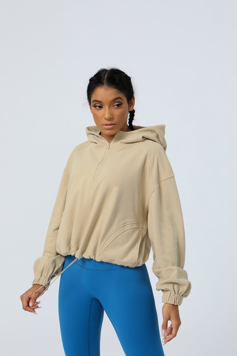 Solid Loose Fit Drawstring  Half Zipper  Sweatshirt Jackets