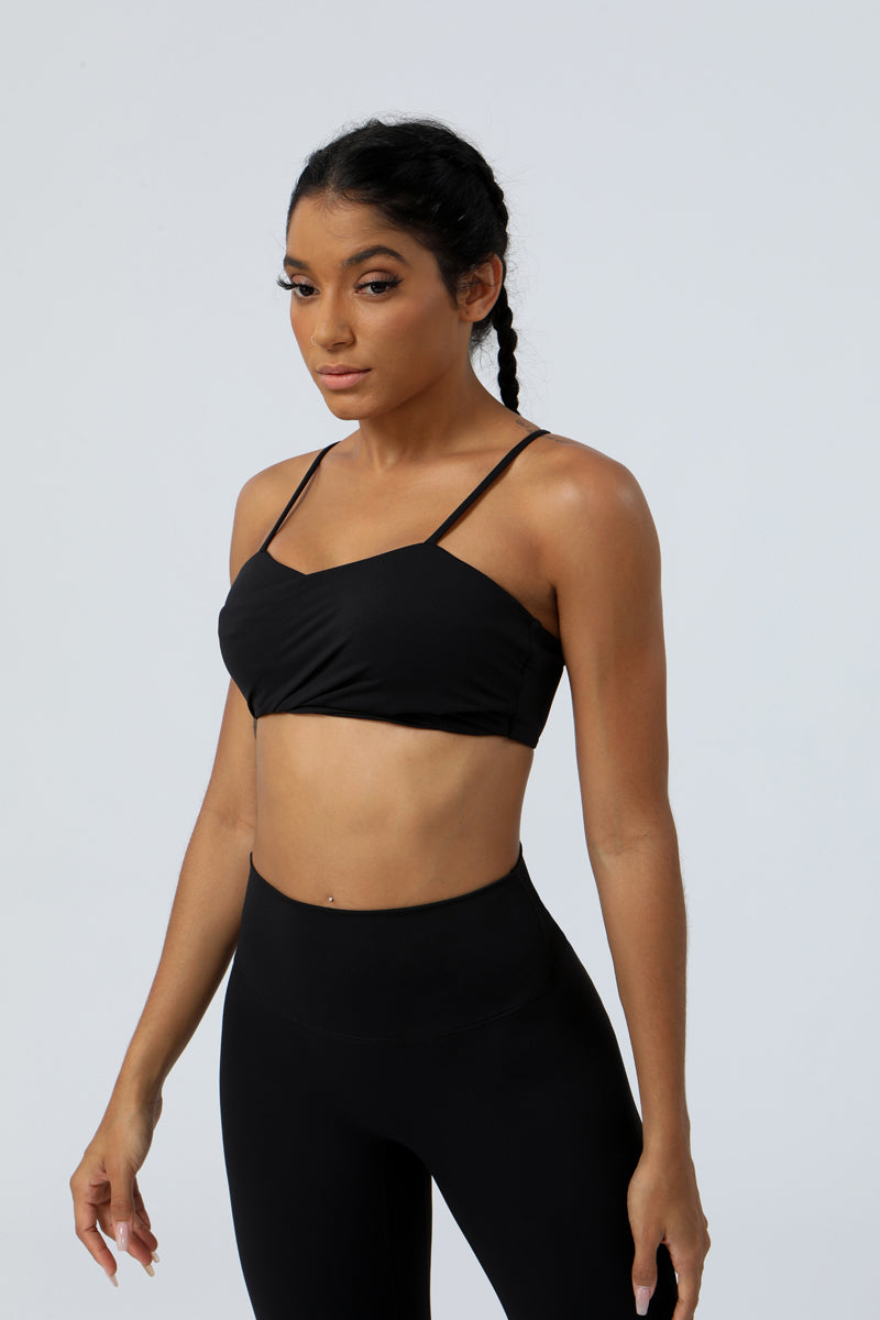 Cross Pleated Fine Strap Back Sports  Bra