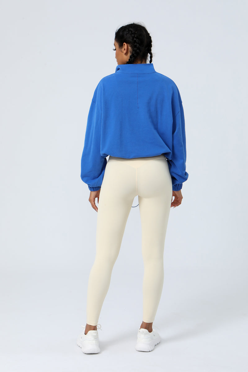 Women's Half Zipper And Drawstring Hem Loose Yoga Sport Hooded Sweatshirt