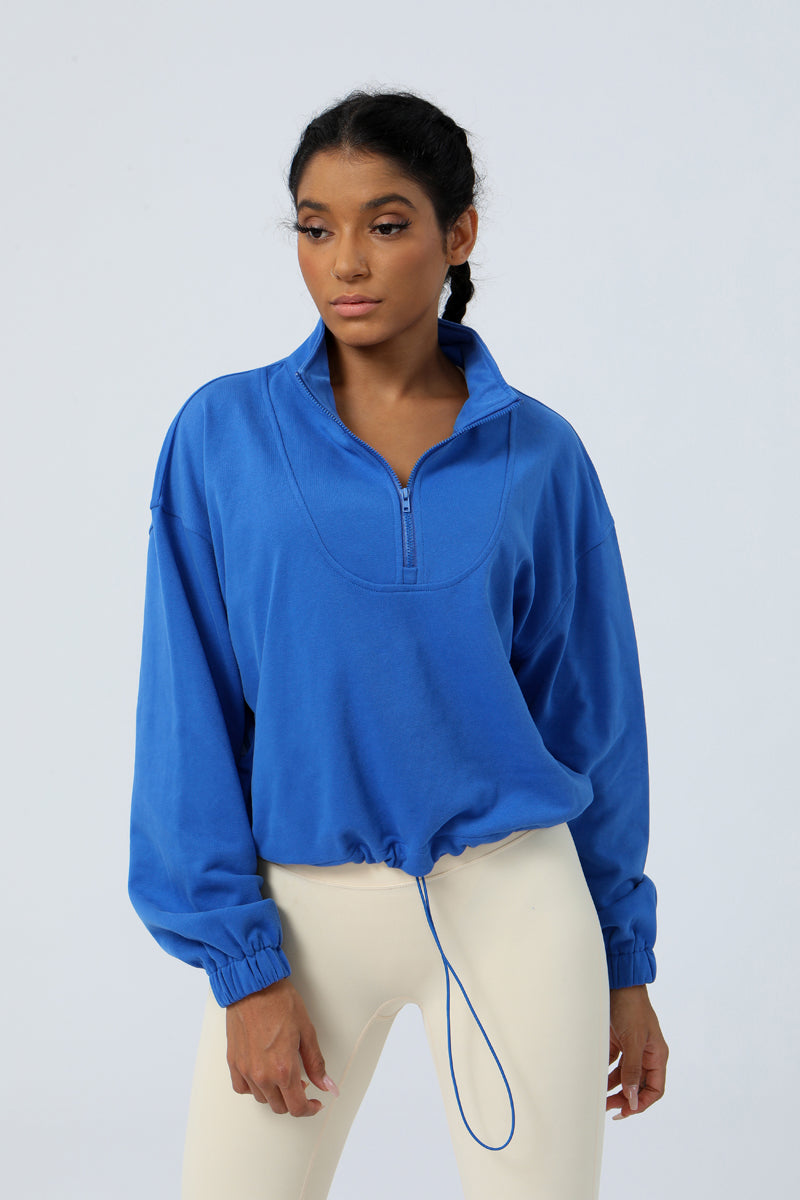 Women's Half Zipper And Drawstring Hem Loose Yoga Sport Hooded Sweatshirt