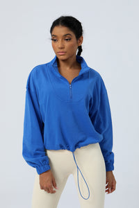 Women's Half Zipper And Drawstring Hem Loose Yoga Sport Hooded Sweatshirt