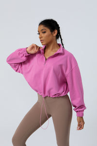 Women's Half Zipper And Drawstring Hem Loose Yoga Sport Hooded Sweatshirt