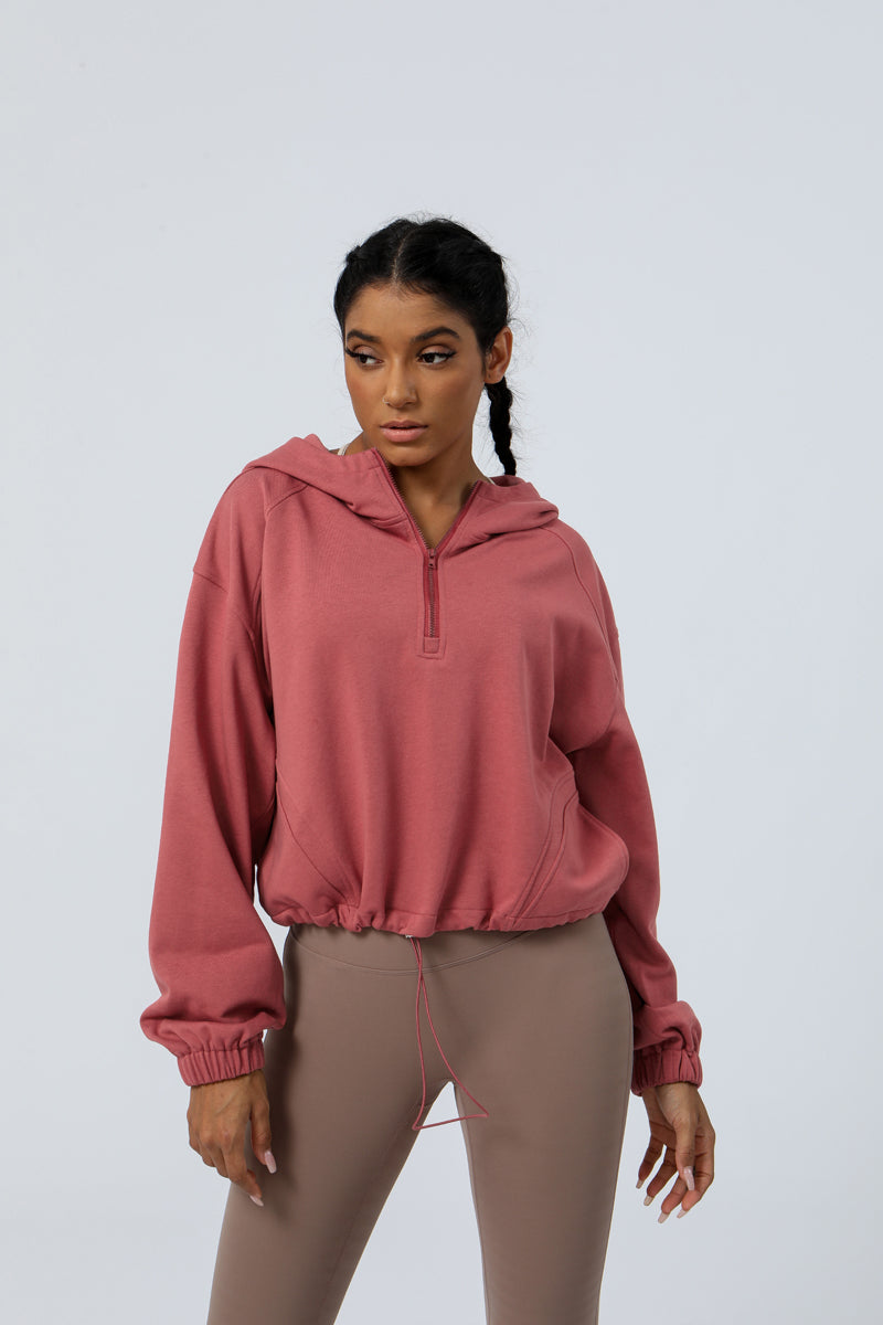 Solid Loose Fit Drawstring  Half Zipper  Sweatshirt Jackets