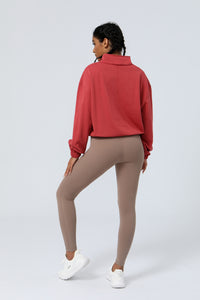 Women's Half Zipper And Drawstring Hem Loose Yoga Sport Hooded Sweatshirt