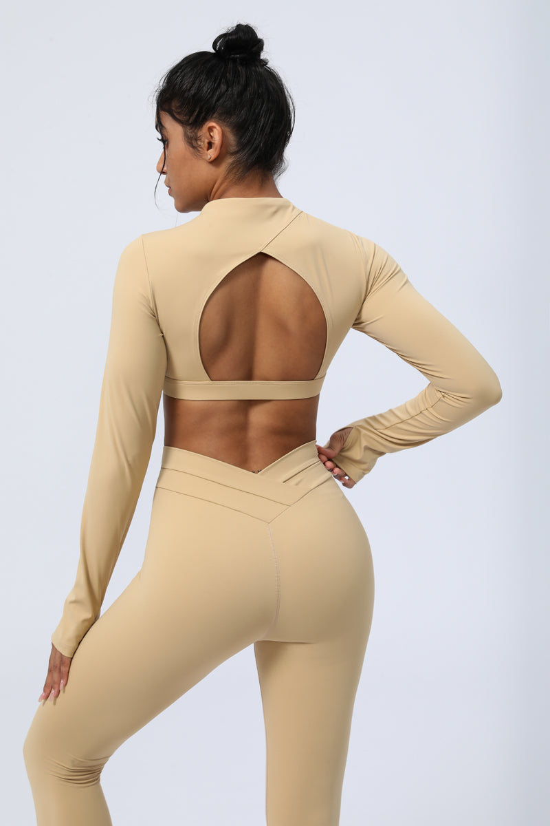 Thumb Hole  Backless  Long Sleeve Fitness Crop Tops