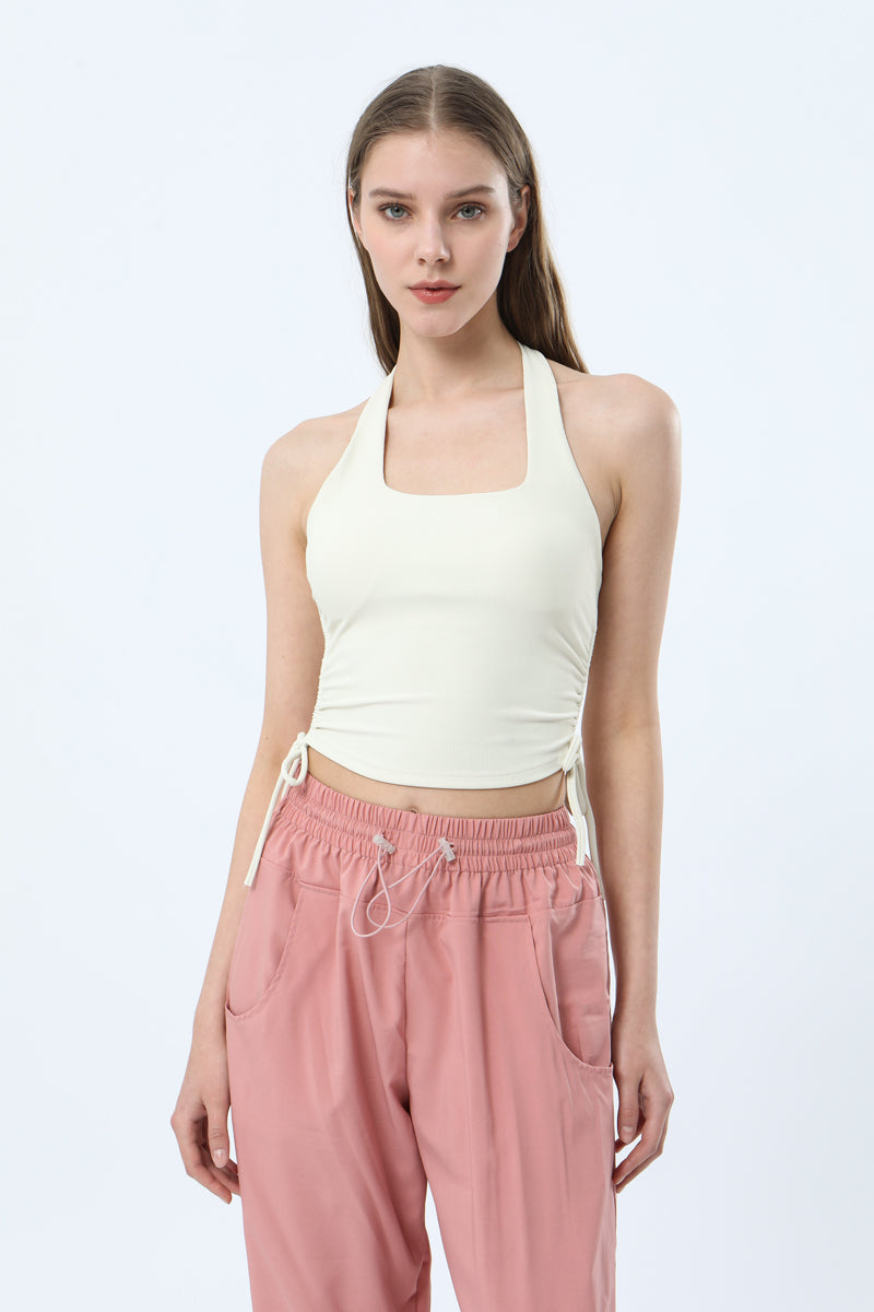 Ribbed Waist Drawstring Backless Halter Sports Vest