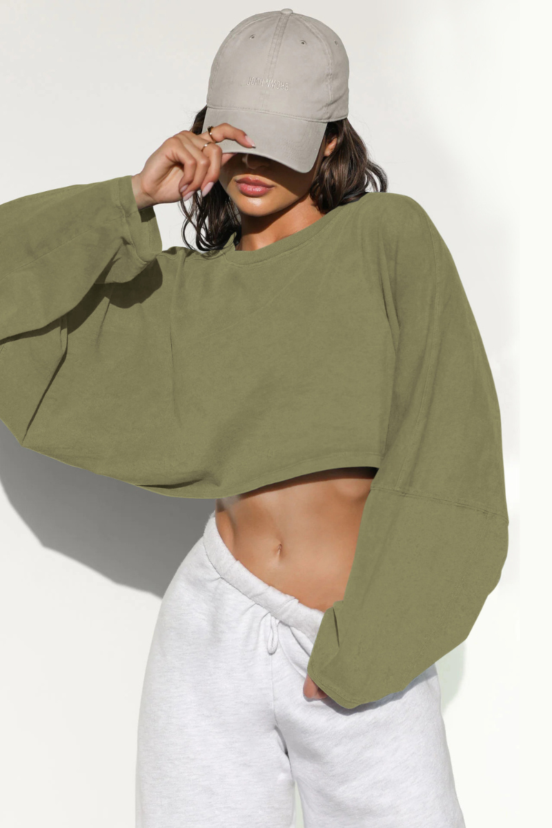 Women's Fall Cropped Drop Shoulder Relaxed Long Sleeve Top