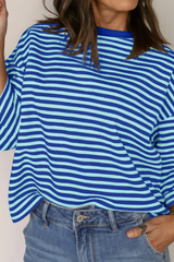 Women's Striped Round Neck Back Tie Blouse Loose T-shirt