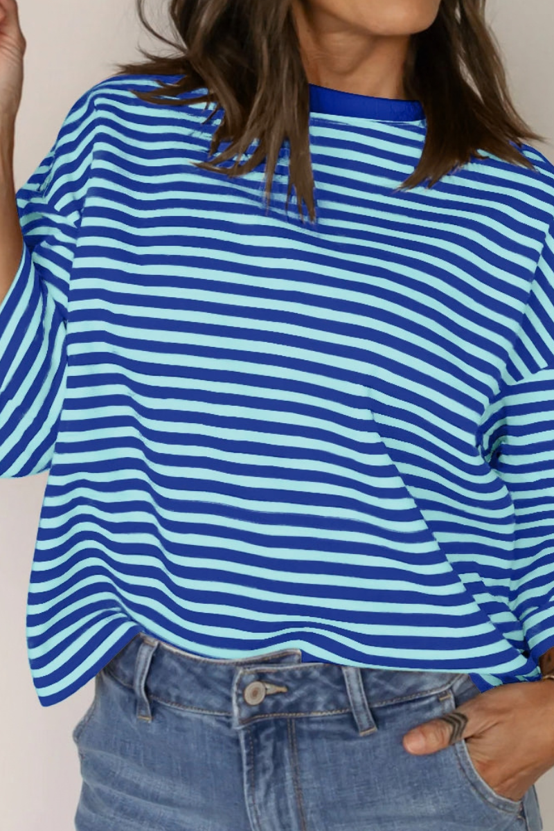 Women's Striped Round Neck Back Tie Blouse Loose T-shirt