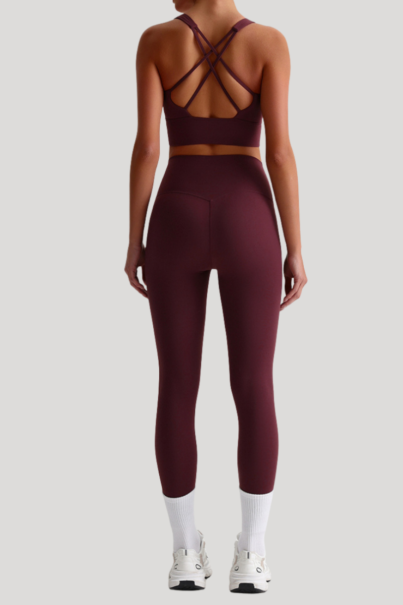 Women Naked Feel Cross Back Yoga Set: High Waisted Seamless Tummy Control Leggings + Crisscross Sports Bra