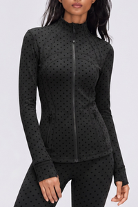 Women's Fall Polka Dot Stand Collar Finger Cuffs Yoga Jacket