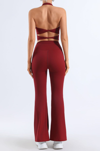 Women's Pleated Halter Neck Bra & Flared Pants Yoga Set