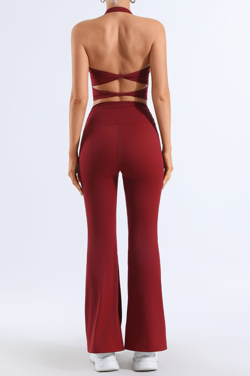 Women's Pleated Halter Neck Bra & Flared Pants Yoga Set