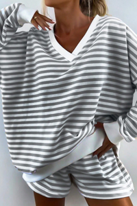 Women's Fall Striped V-Neck Sweatshirts And Shorts Set
