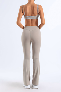Women's Bare Feel Striped Color Block Bra & Flared Pants Yoga Set