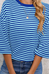 Women's Striped Round Neck Back Tie Blouse Loose T-shirt