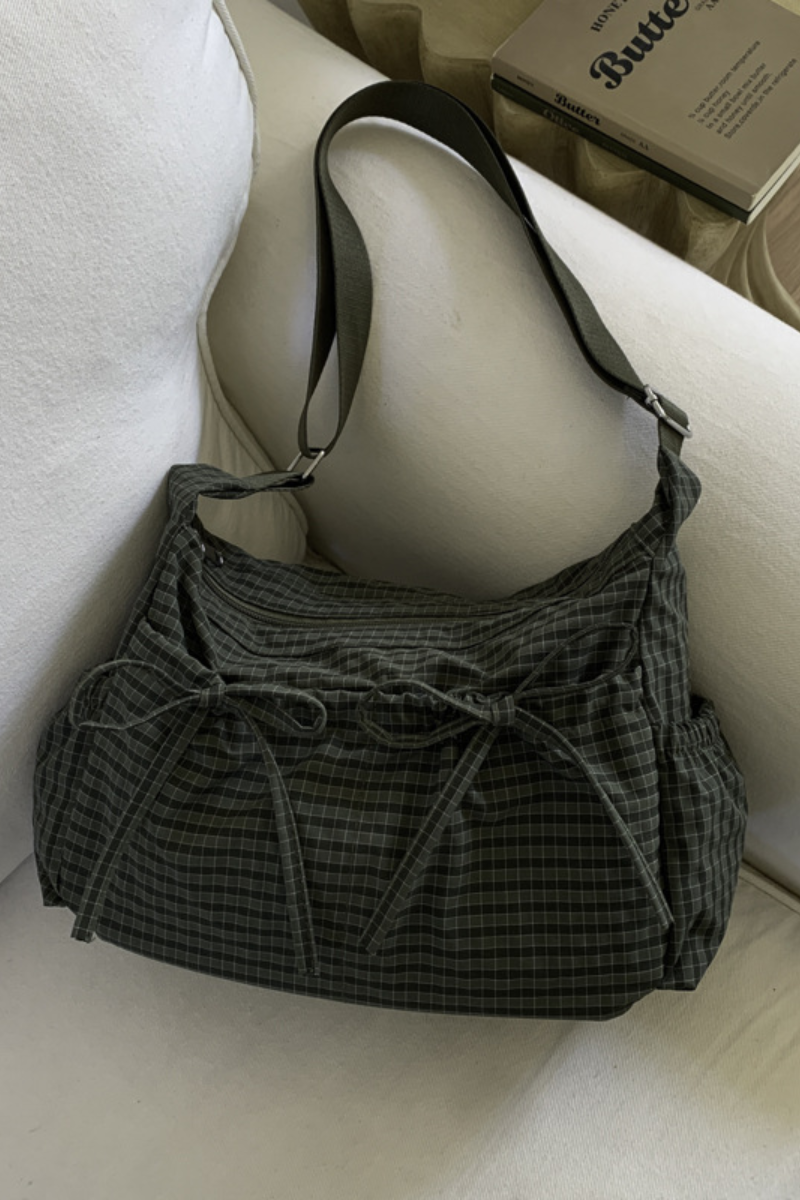 Women's Mini Check Bow Decor Adjustable Strap Crossbody Bag