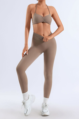 Women's Bare Feel Pleated Halter Backless Bra & Leggings Set