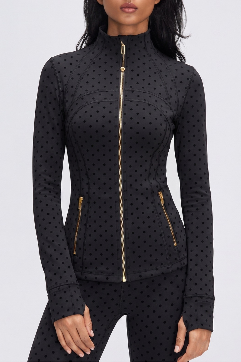Women's Fall Polka Dot Stand Collar Finger Cuffs Yoga Jacket