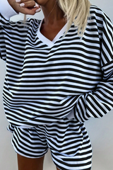 Women's Fall Striped V-Neck Sweatshirts And Shorts Set