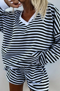 Women's Fall Striped V-Neck Sweatshirts And Shorts Set