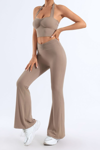 Women's Pleated Halter Neck Bra & Flared Pants Yoga Set