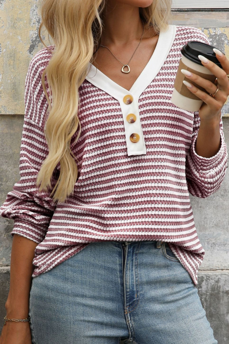 Women's Fall Striped V-Neck Button Detail Long Sleeve Top