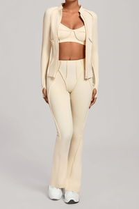 Versatile zipper-fastened matte-finish yoga three-piece set