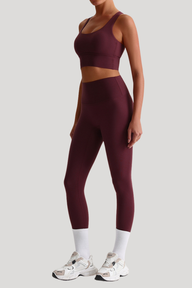 Women Naked Feel Cross Back Yoga Set: High Waisted Seamless Tummy Control Leggings + Crisscross Sports Bra