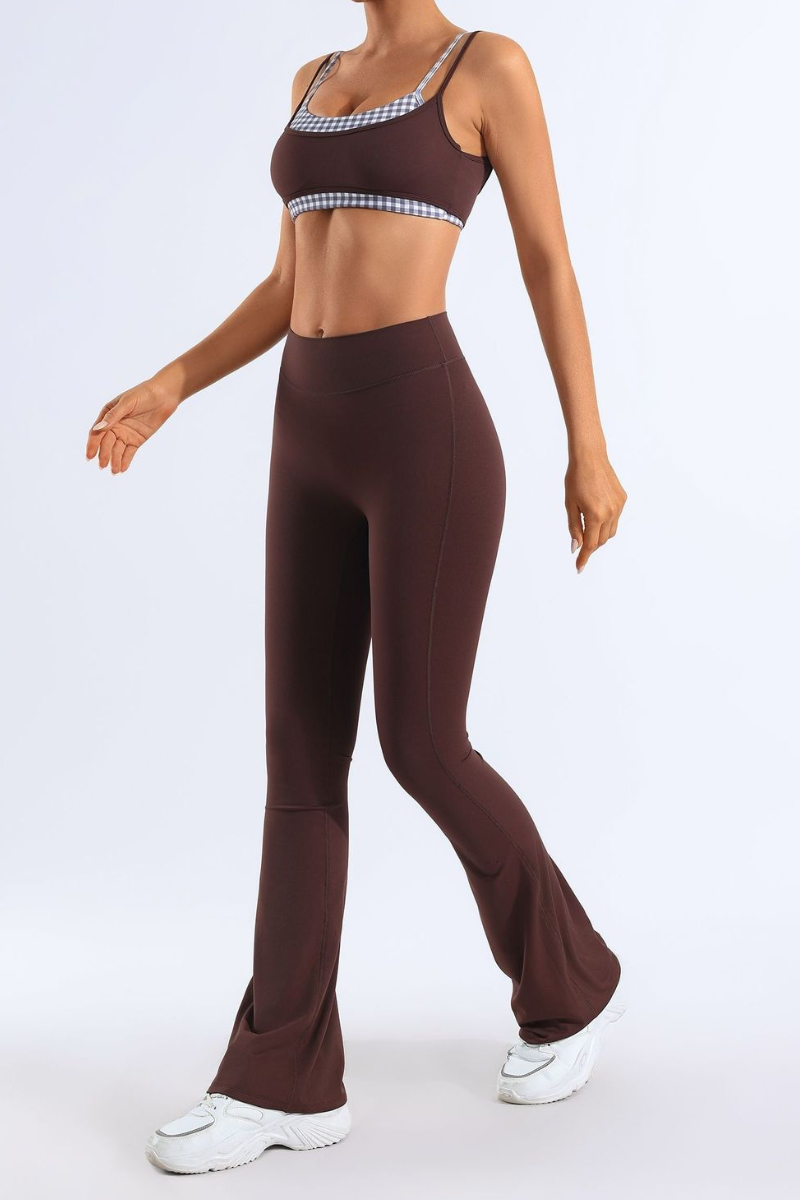 Women's Bare Feel Plaid Spliced Bra And Flare Pants Yoga Set