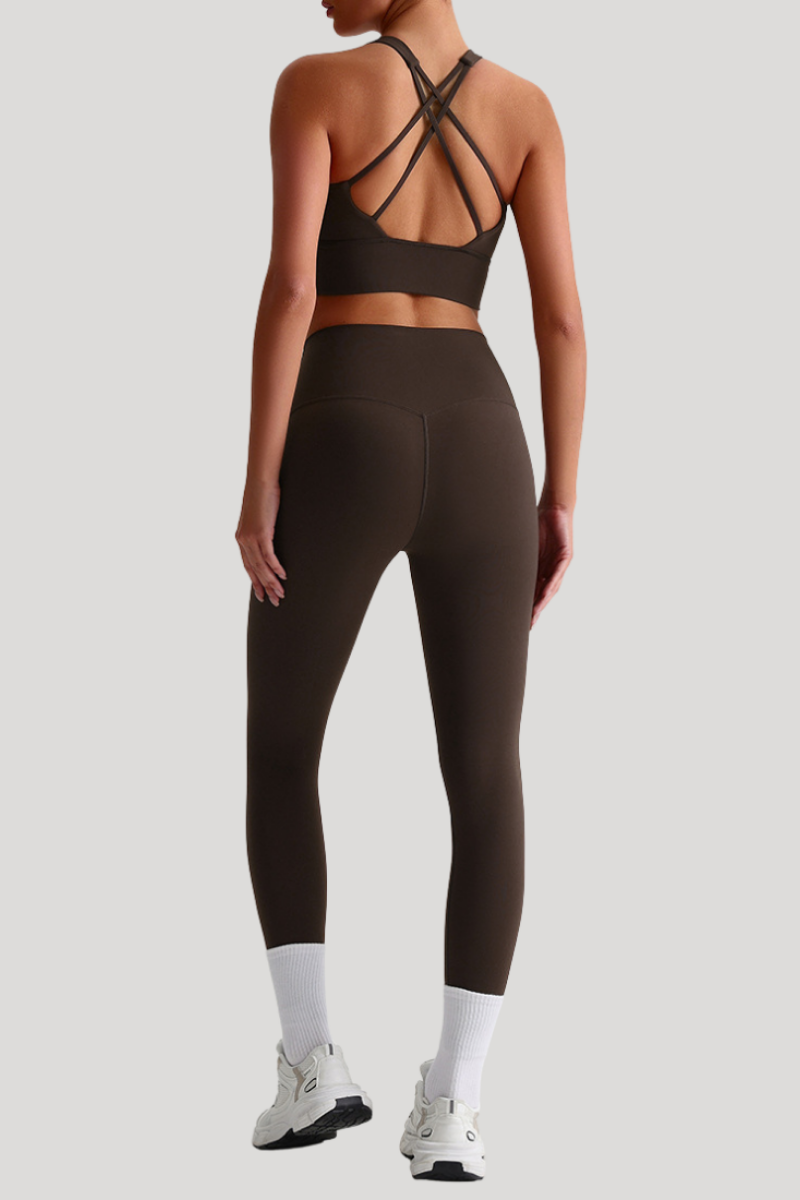 Women Naked Feel Cross Back Yoga Set: High Waisted Seamless Tummy Control Leggings + Crisscross Sports Bra