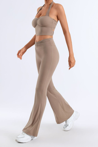 Women's Pleated Halter Neck Bra & Flared Pants Yoga Set