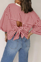 Women's Striped Round Neck Back Tie Blouse Loose T-shirt