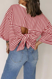 Women's Striped Round Neck Back Tie Blouse Loose T-shirt