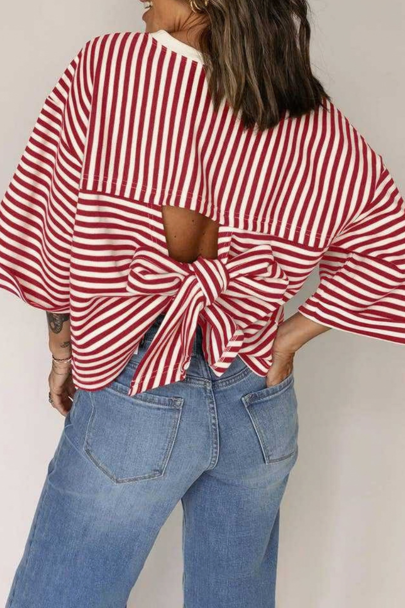 Women's Striped Round Neck Back Tie Blouse Loose T-shirt