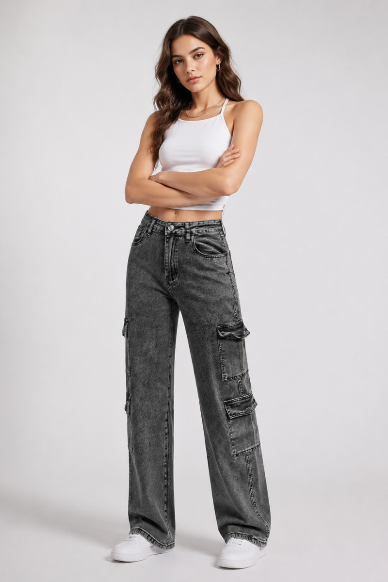 Women's High Waist Cargo Straight Jeans