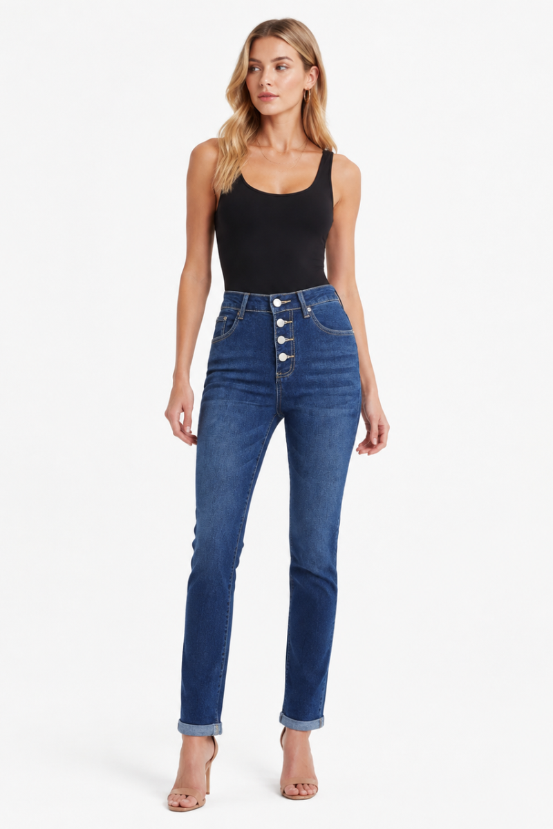 Women's High Waist Stretch Button Fly Skinny Jeans